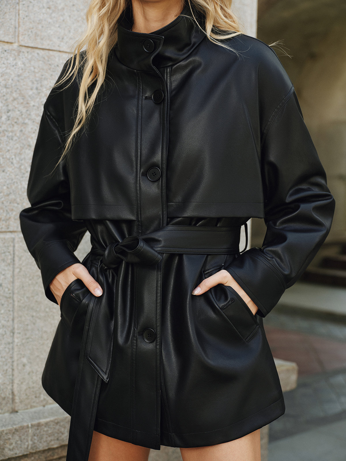 Faux Leather Short Belted Women's Jacket
