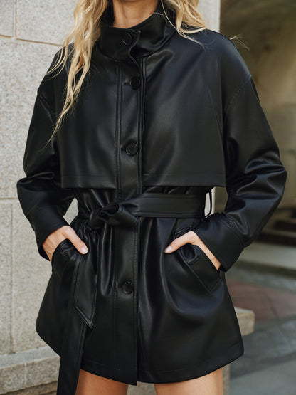 Faux Leather Short Belted Women's Jacket