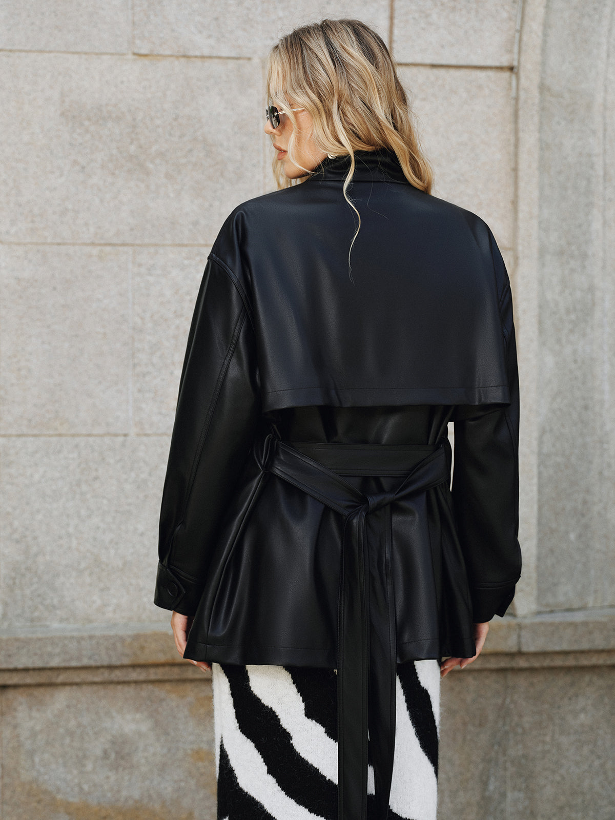 Faux Leather Short Belted Women's Jacket