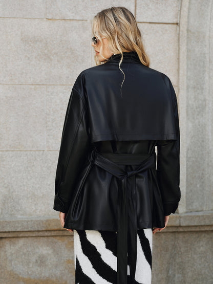 Faux Leather Short Belted Women's Jacket