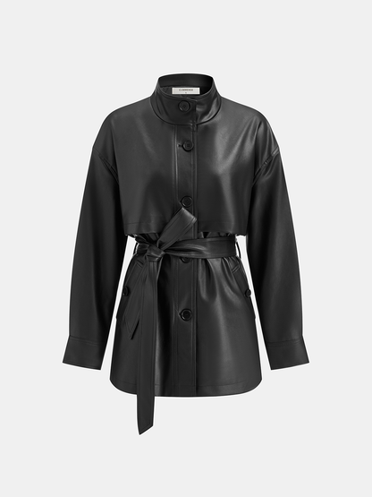 Faux Leather Short Belted Women's Jacket