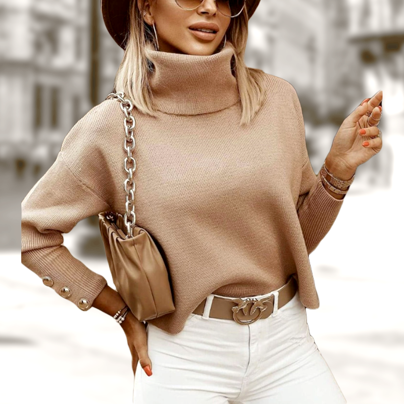 Classic Women's Turtleneck Sweater with Chic Buttons