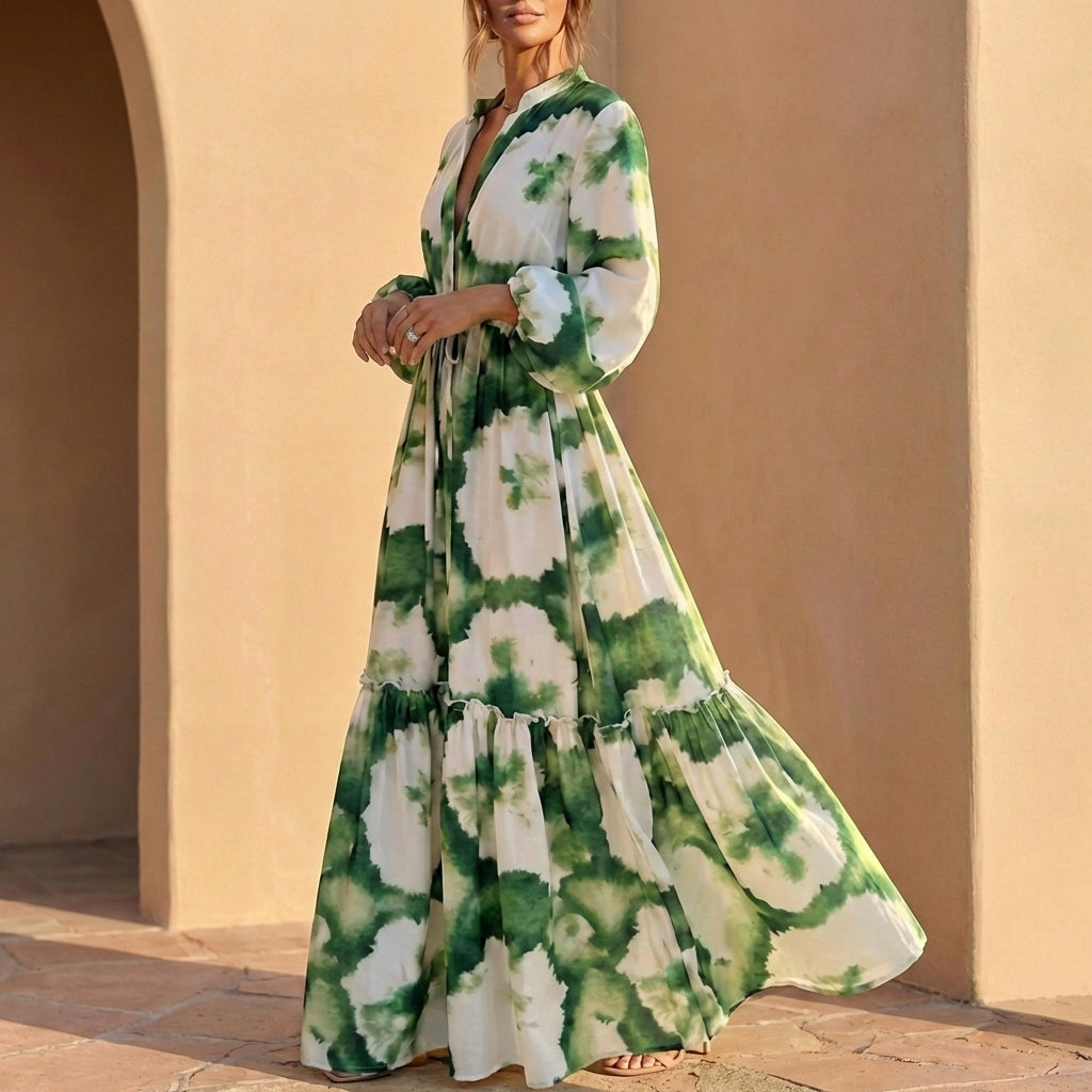 Elegant V Neck Maxi Dress with Drawstring Waist