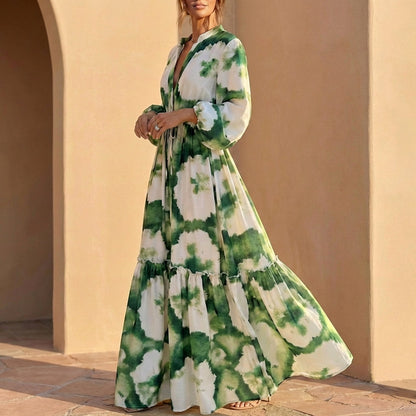 Elegant V Neck Maxi Dress with Drawstring Waist