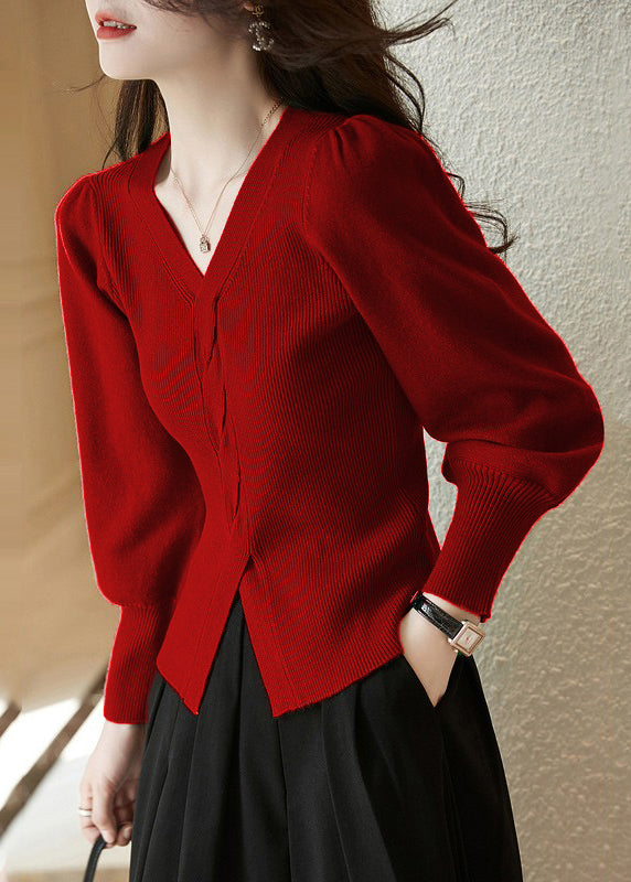 Women's Red V Neck Knit - OutfitLondon