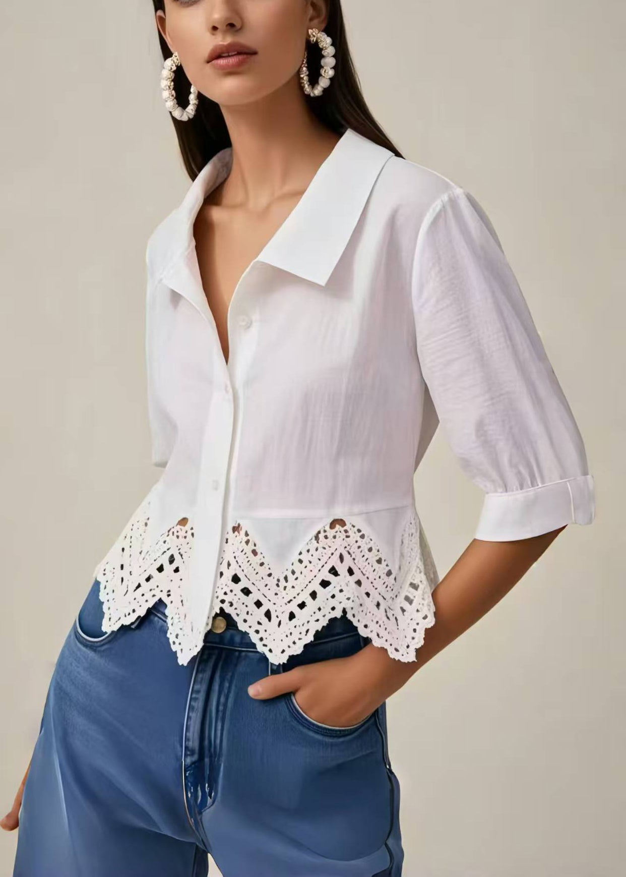 Women's Cotton Blend Short Blouse White Lace - OutfitLondon