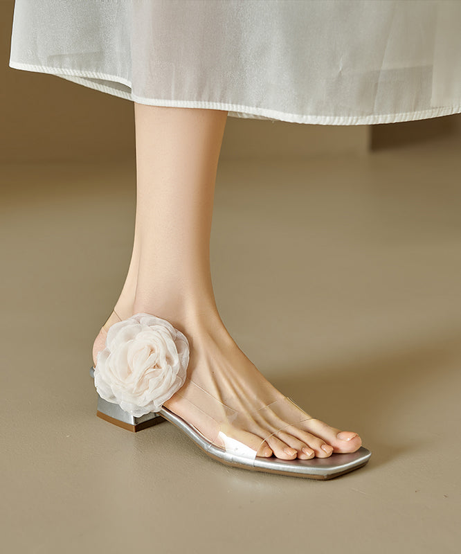 Women's Open Toe Sandals Silver Floral Print Thick Heel - OutfitLondon