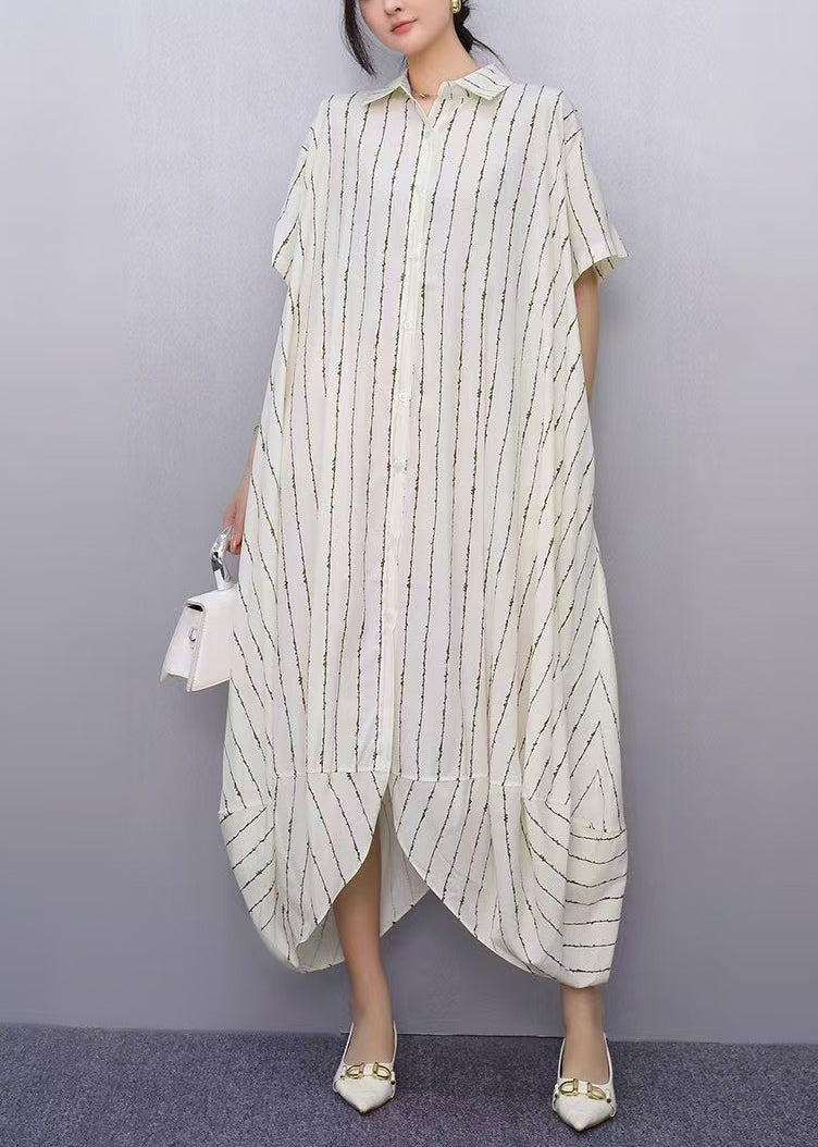 Women's Oversized Cotton Shirt Dress Striped Apricot - OutfitLondon