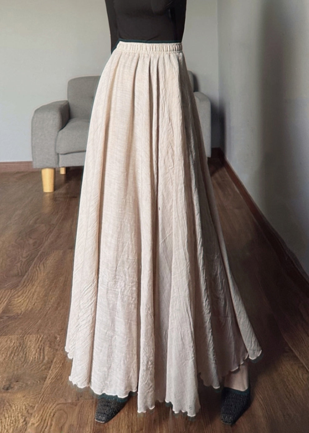 Women's Boho Maxi Skirt Elastic Waist Ruffle Apricot - OutfitLondon