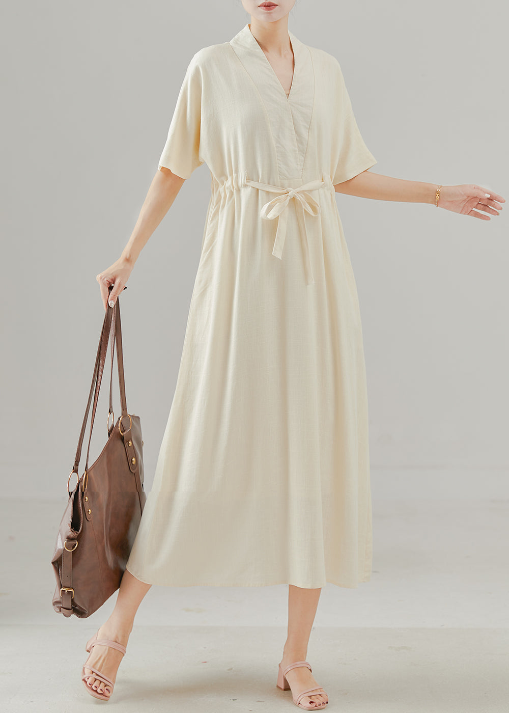 Women's Cotton Midi Dress V-Neck Self-Tie Waist Apricot - OutfitLondon