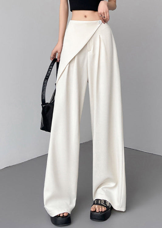 Women's High Waisted Wide Leg Pants Cotton Blend Beige - OutfitLondon