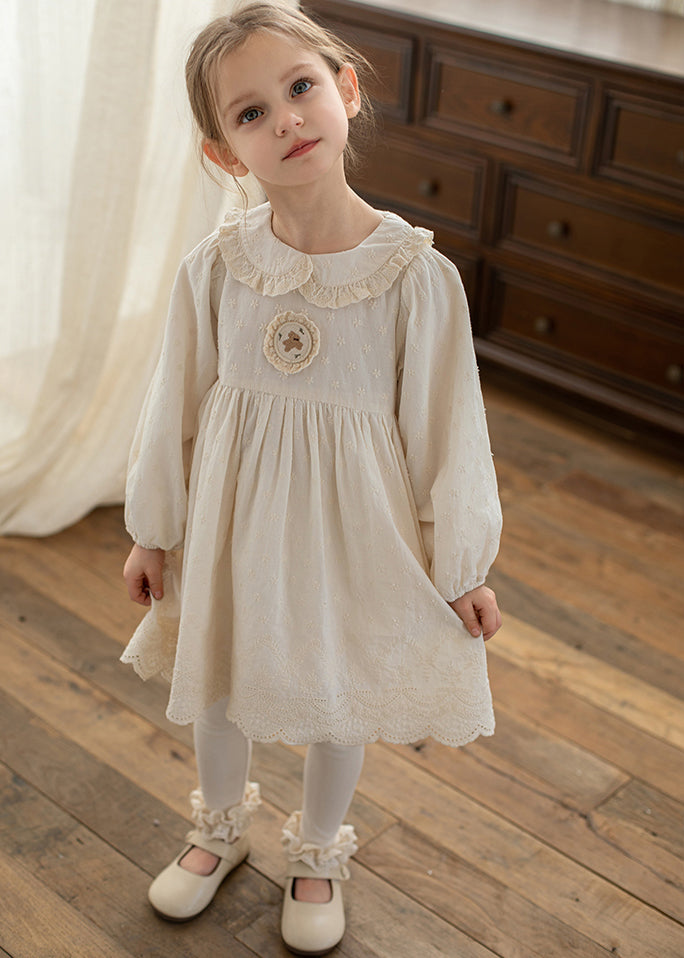 Girls Long Dress Soft Cotton Blend Beige Lantern Sleeves - OutfitLondon