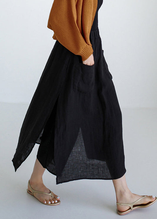 Women's Linen Skirt Pants Black Elastic Waist - OutfitLondon