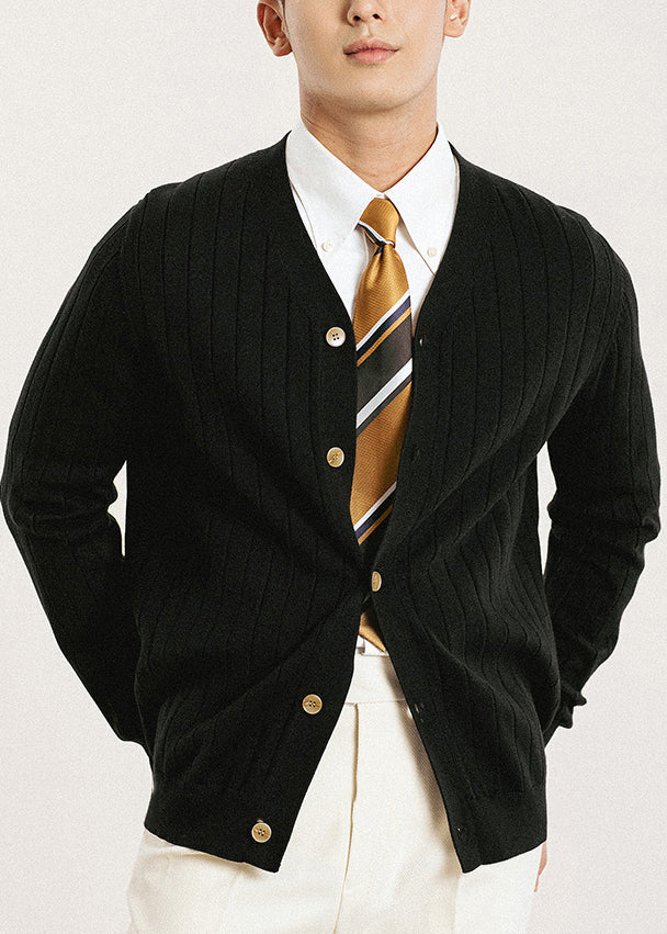 Men's Black V Neck Cardigan Knit Button Front - OutfitLondon