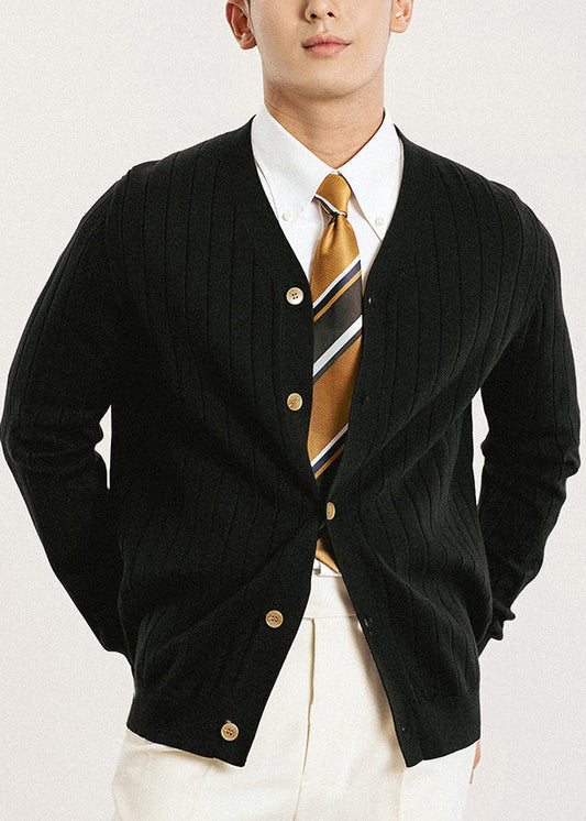 Men's Black V Neck Cardigan Knit Button Front - OutfitLondon
