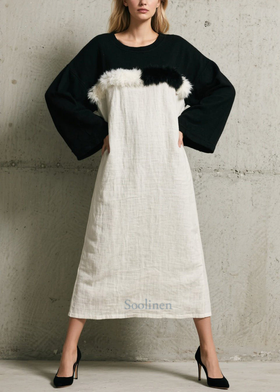 Women's Faux Fur Patchwork Maxi Dress Black And White - OutfitLondon