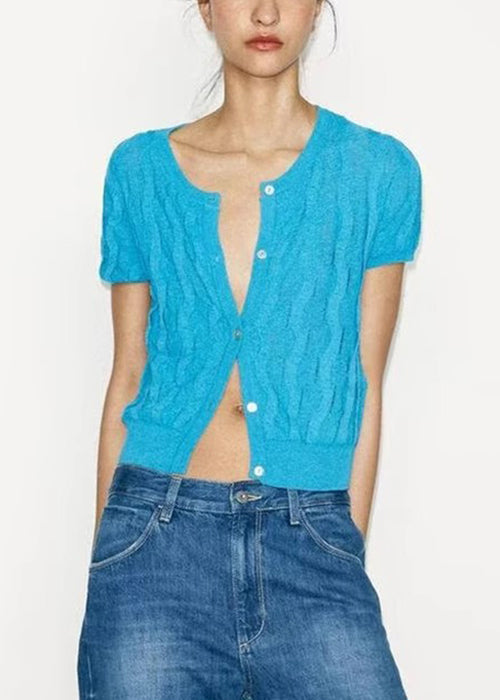Women's Lightweight Knit Tee Blue Buttons Flowy White - OutfitLondon