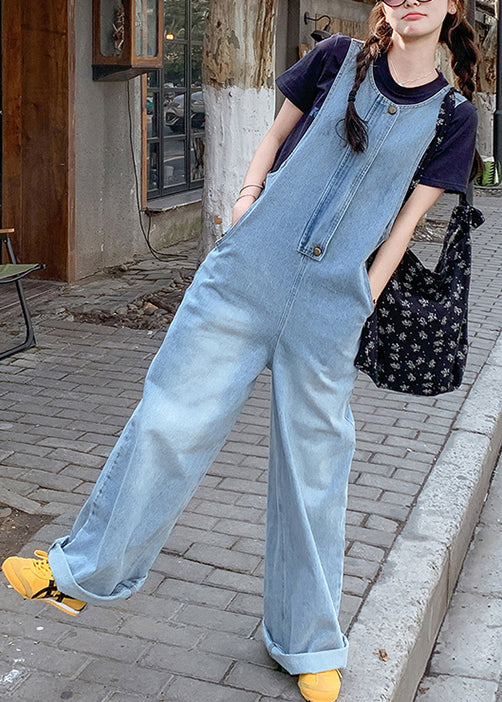 Women's Sleeveless Denim Jumpsuit Blue Relaxed Fit - OutfitLondon