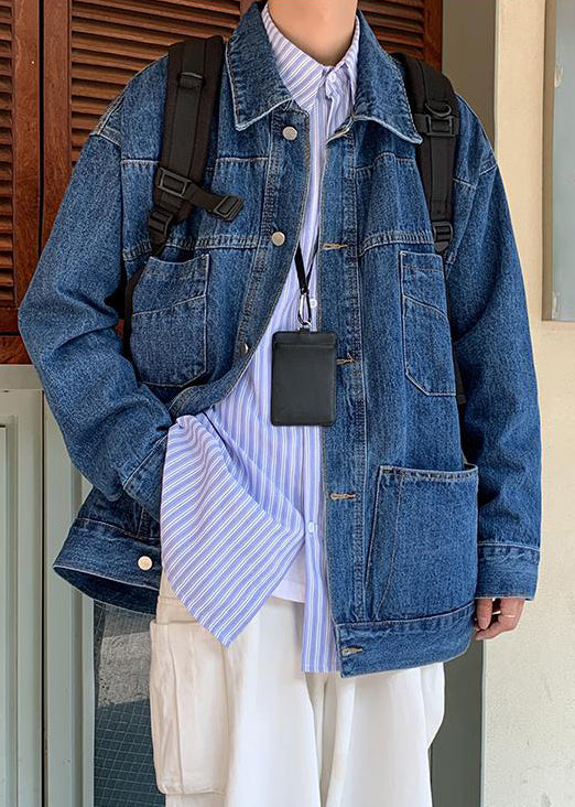 Men's Denim Jacket Peter Pan Collar Lightweight Blue - OutfitLondon