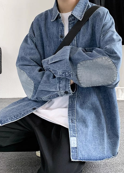 Men's Denim Patchwork Shirt Blue With Front Pockets - OutfitLondon