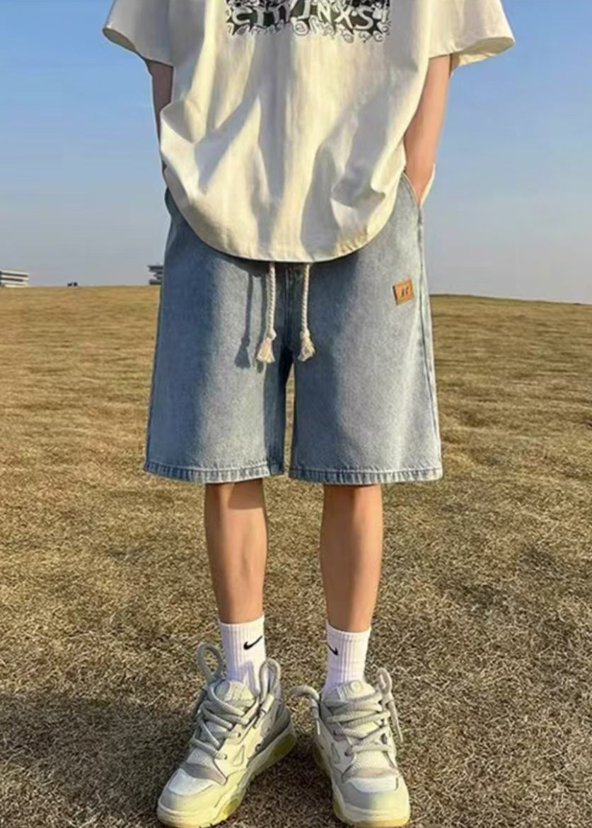 Men's Denim Shorts Blue With Pockets Drawstring Waist - OutfitLondon