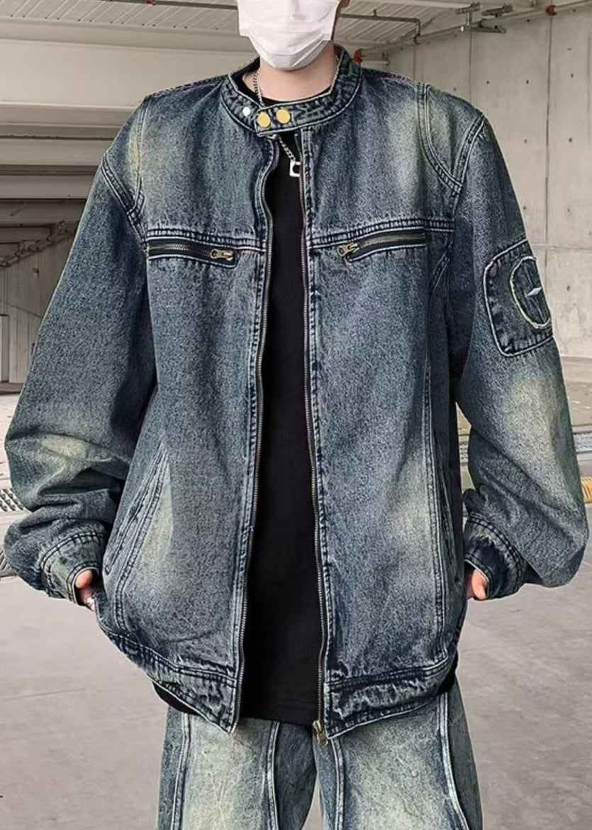 Mens Denim Jacket Zip Up Oversized Blue - OutfitLondon