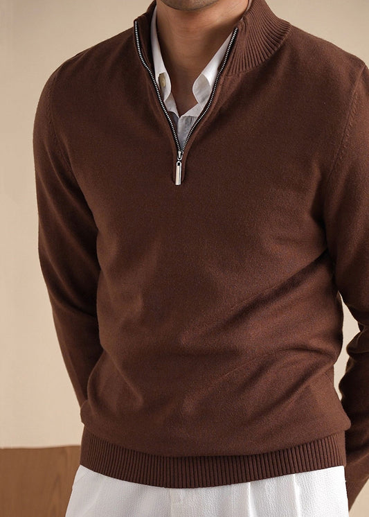 Mens Brown Knit Sweater Half Zip Pullover - OutfitLondon