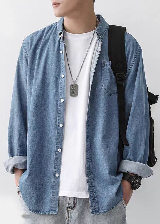 Men Dark Denim Shirt Peter Pan Collar Button Front Casual - OutfitLondon