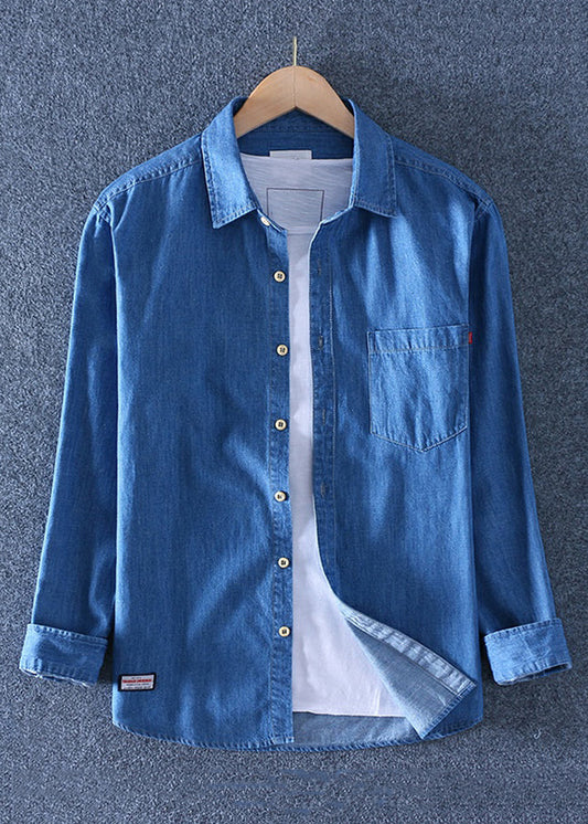 Mens Dark Denim Long Sleeve Shirt Peter Pan Collar Chest Pocket - OutfitLondon