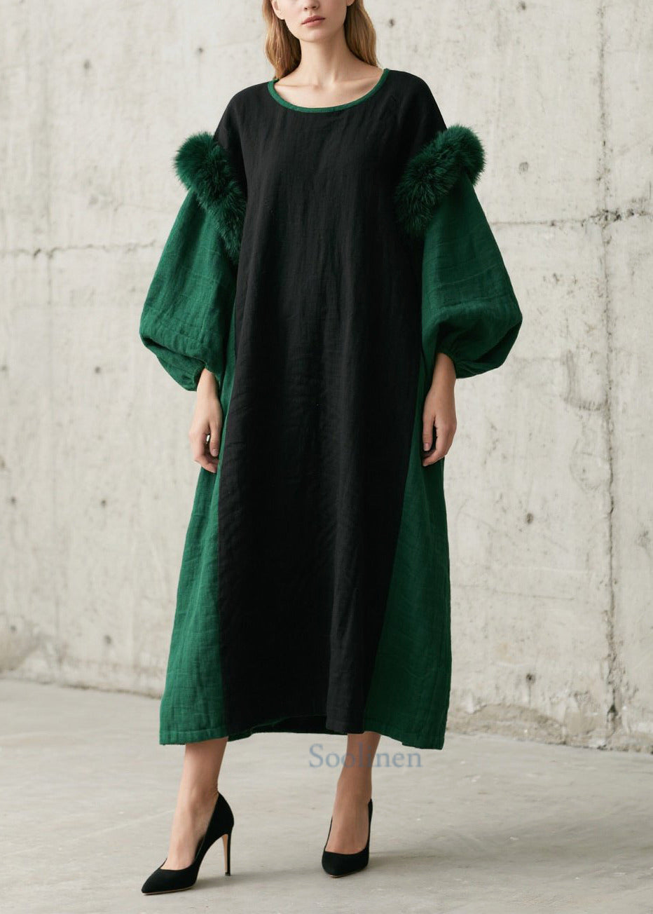 Oversized Faux Fur Patchwork Dress Green Lantern Sleeves - OutfitLondon