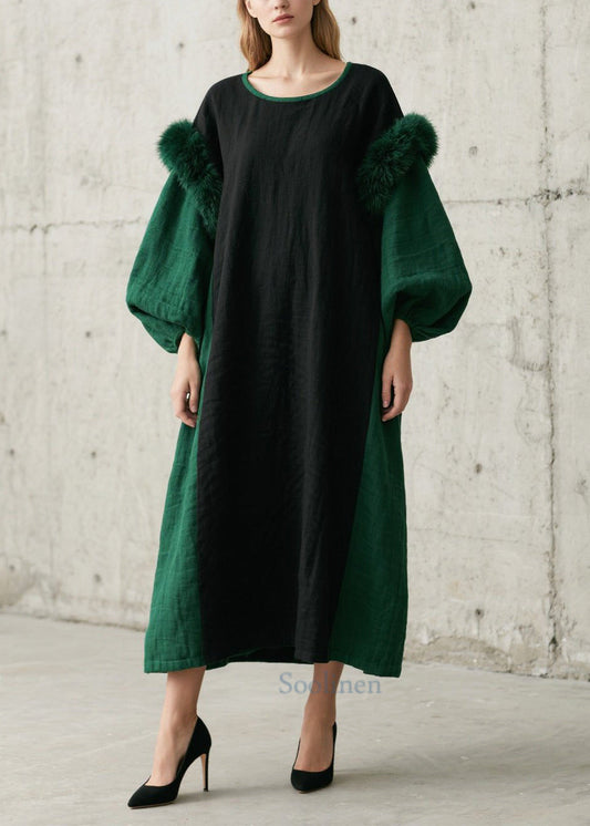 Oversized Faux Fur Patchwork Dress Green Lantern Sleeves - OutfitLondon