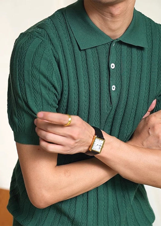 Men's Green Polo Shirt Cable Knit Breathable - OutfitLondon