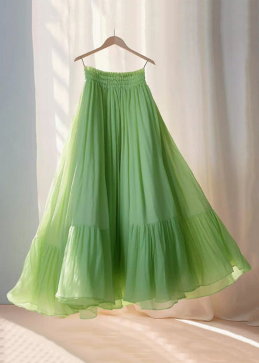 Women's Silk Chiffon Skirt Elastic Waist Lightweight Green - OutfitLondon