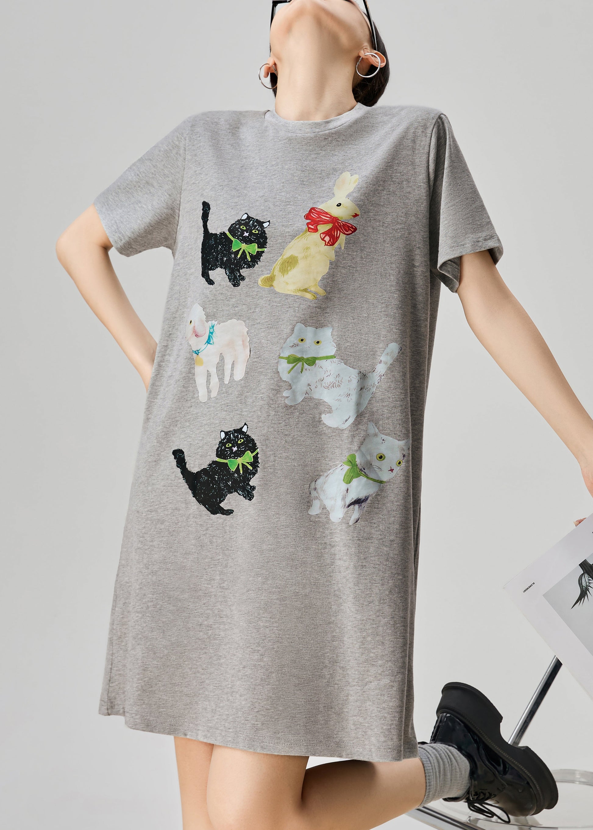 Women's Cotton T Shirt Dress Round Neck Playful Print - OutfitLondon