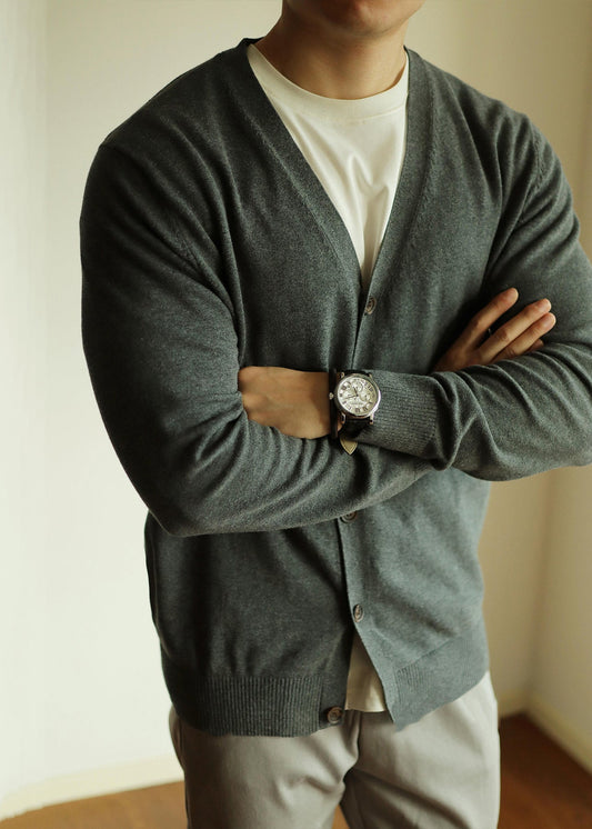 Mens Gray Knit Vest V Neck Button Front Cardigan - OutfitLondon