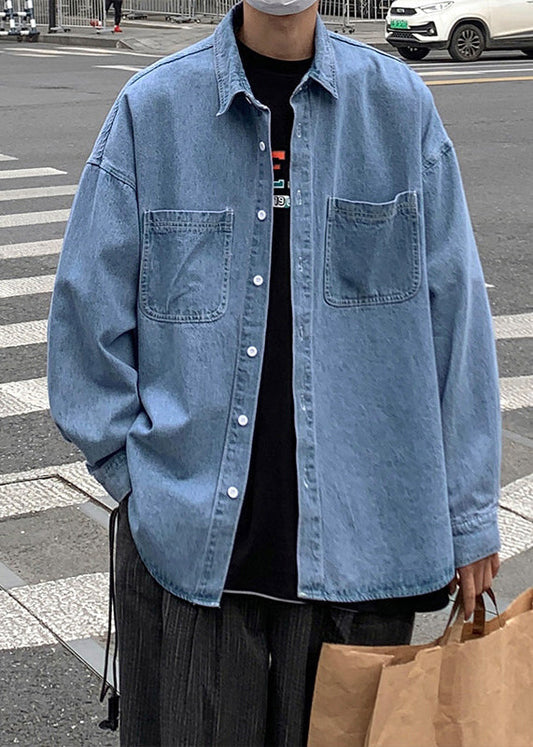 Mens Light Blue Denim Long Sleeve Shirt - OutfitLondon