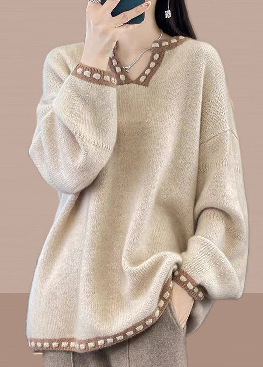 Women's Relaxed Fit V-Neck Sweater Lightweight Camel - OutfitLondon