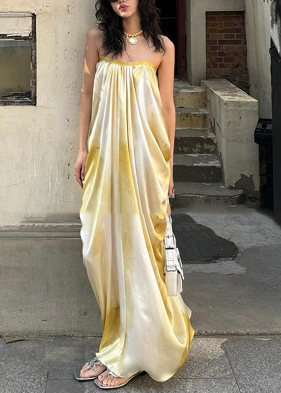 Women's Yellow Satin Maxi Dress Spaghetti Straps - OutfitLondon