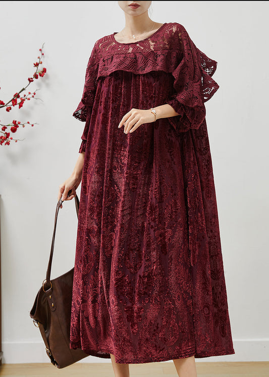 Women's Velvet Maxi Dress Silk Ruffle Blackberry - OutfitLondon