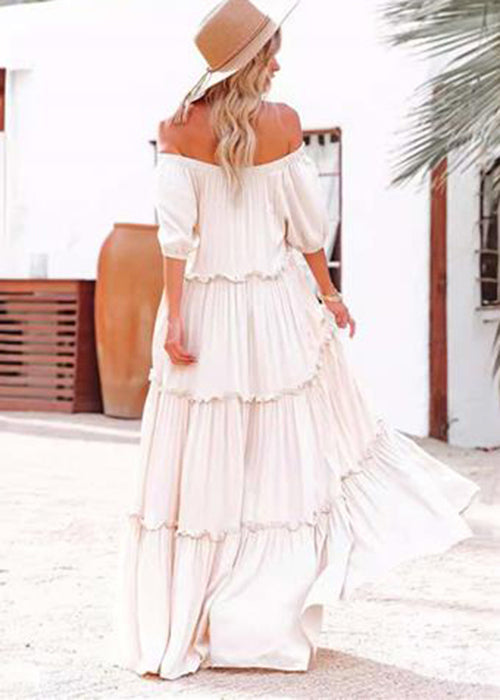 Women's Off Shoulder Cotton Maxi Dress Lightweight Beige - OutfitLondon