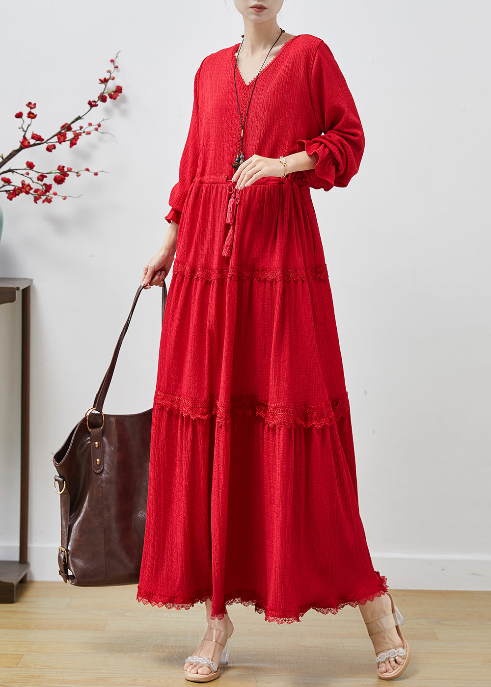 Women's Cotton Patchwork Dress Lace Trim Red Autumn - OutfitLondon
