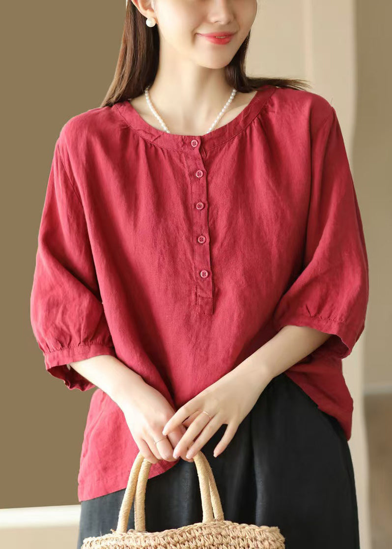 Women's Red Cotton Crew Neck Shirt Relaxed Fit Soft Bracelet Sleeves - OutfitLondon