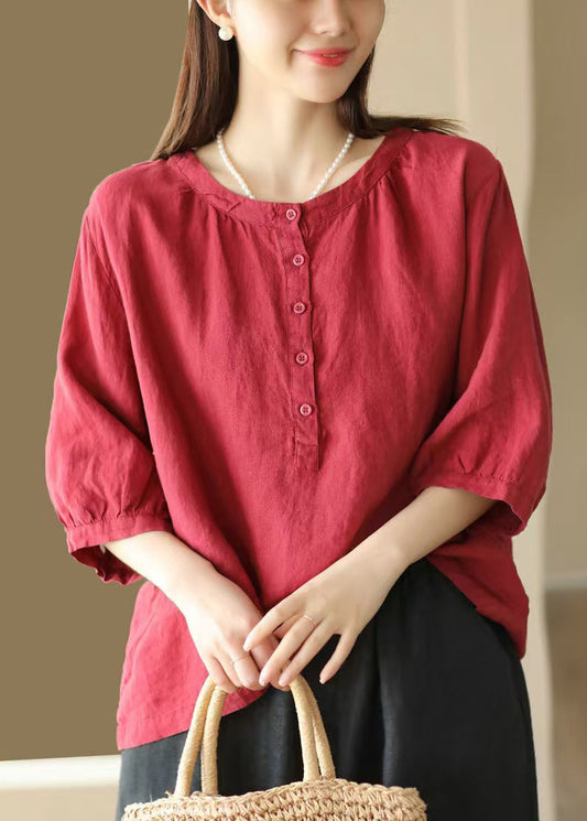 Women's Red Cotton Crew Neck Shirt Relaxed Fit Soft Bracelet Sleeves - OutfitLondon