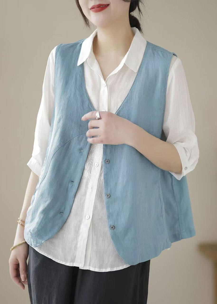 Women's Cotton Linen Vest Sleeveless V Neck Light Blue - OutfitLondon