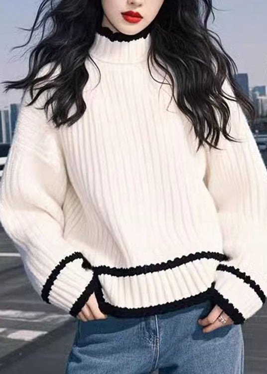 Women's Crewneck Sweater Thick Knit White - OutfitLondon