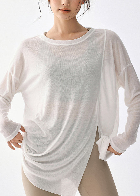 Women's Long Sleeve Yoga Eco Cotton Blend Soft White - OutfitLondon