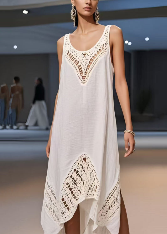 Women's White Summer Dress Lightweight Cotton Blend Asymmetric - OutfitLondon