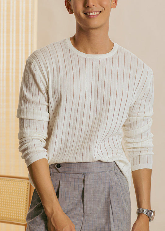 Mens White Long Sleeve Knit Tee Lightweight Breathable - OutfitLondon