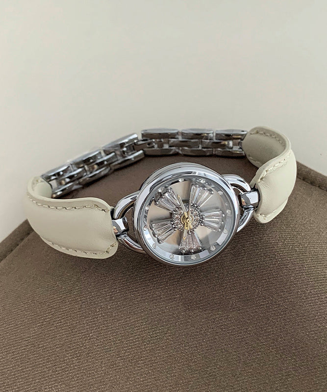 Women's Leather Watch Hardlex Crystal Zircon White - OutfitLondon