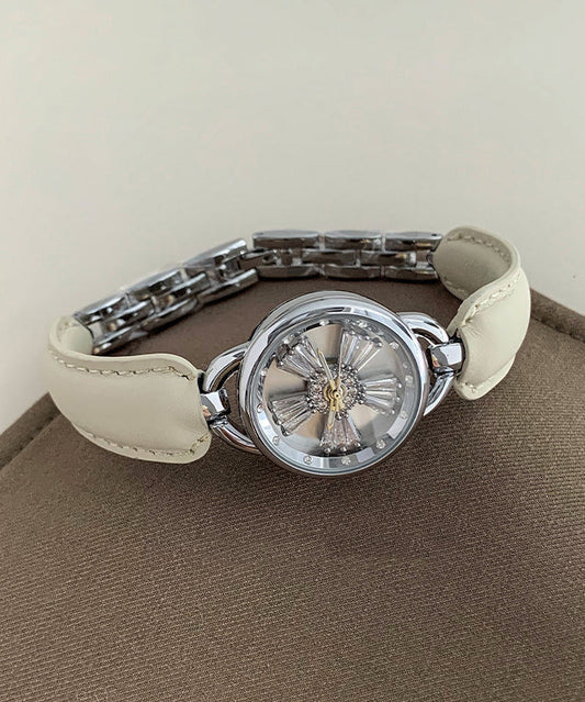 Women's Leather Watch Hardlex Crystal Zircon White - OutfitLondon